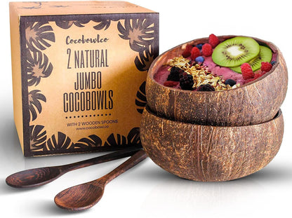 Coconut Bowl Set with Wooden Spoons – Eco-Friendly Acai Bowls, Yogurt Bowls & Smoothie Bowl