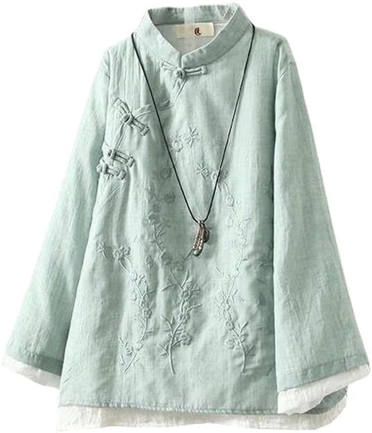 Women'S Retro Embroidered Frog Button Hemp Cotton Shirt Spring Zen Tea Outfit Loose Patchwork round Neck Top