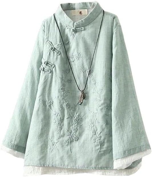 Women'S Retro Embroidered Frog Button Hemp Cotton Shirt Spring Zen Tea Outfit Loose Patchwork round Neck Top