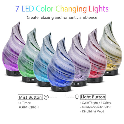 Essential Oil Diffuser 120Ml Ultrasonic Aromatherapy Diffuser with Handmade Glass BPA Free Waterless Auto-Off, 4 Timer Setting 7 Colors Changed LED for Home Yoga Office
