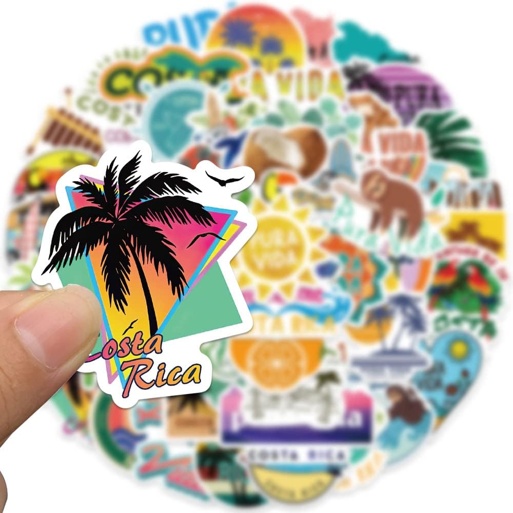 50Pcs Costa Rica Stickers Pack, Aesthetic Pura Vida Waterproof Vinyl Stickers for Water Bottle Laptop Scrapbook Journal, Summer Tropical City Decals for Kids Girls Teens Adults