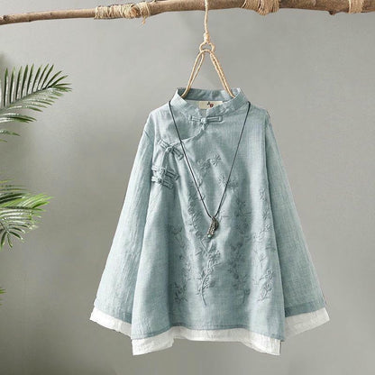 Women'S Retro Embroidered Frog Button Hemp Cotton Shirt Spring Zen Tea Outfit Loose Patchwork round Neck Top