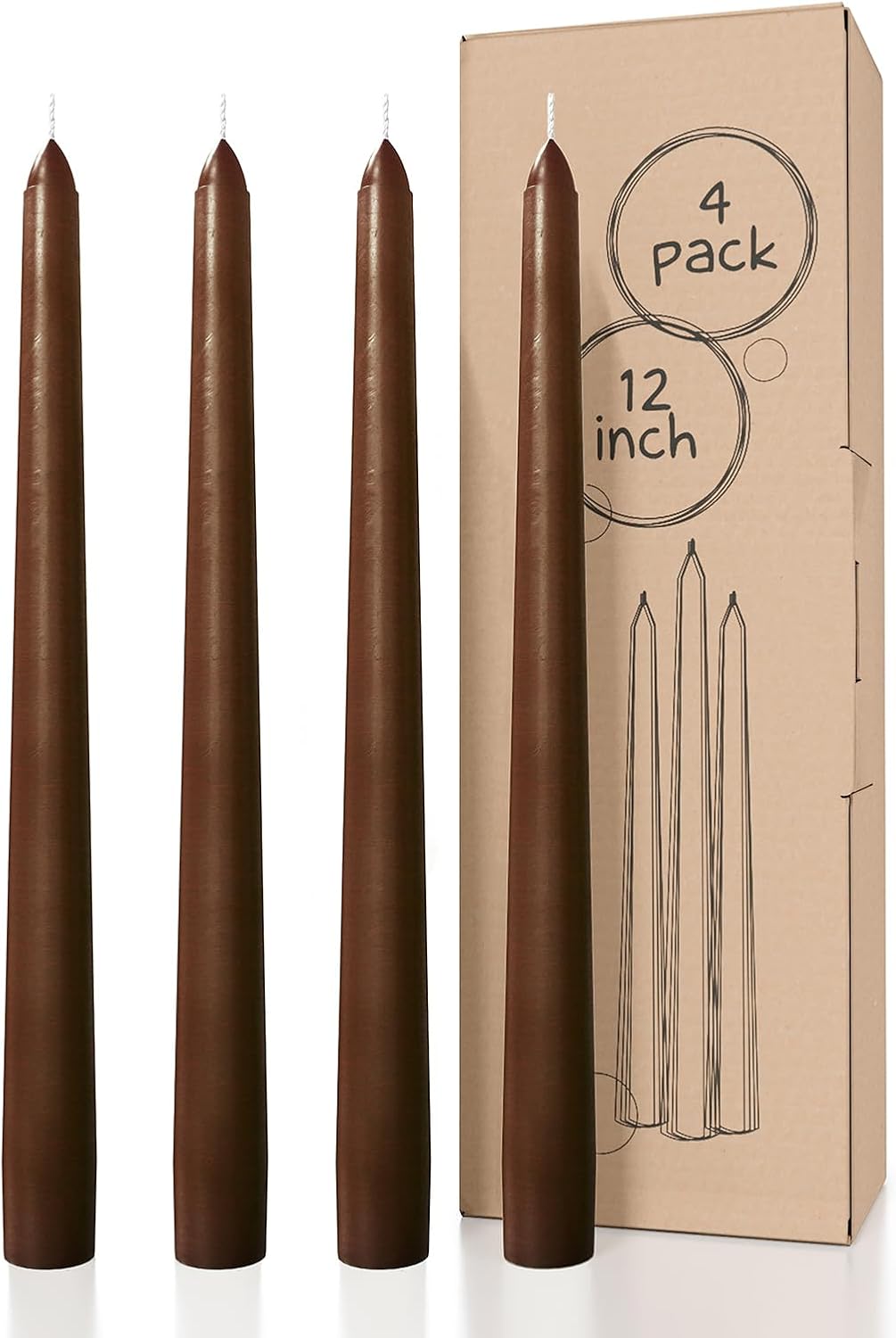12 Inch Taper Candles Set of 4 - Dripless and Smokeless Unscented - Slow Burning Candle Sticks - Brown Candles