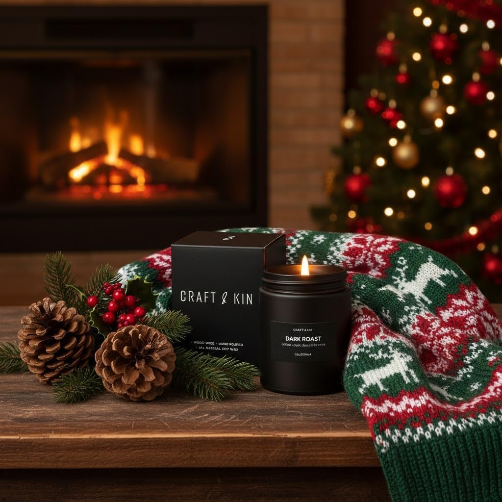 Premium Dark Roast Coffee Candle | Black Christmas Scented Candles for Home | Long Lasting with 45 Hour Burn Time, 7.6Oz | Soy Holiday Candle | Aromatherapy at Home | Gifts for Men