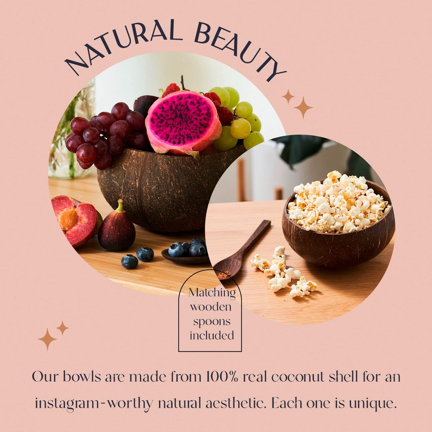 Coconut Bowl Set with Wooden Spoons – Eco-Friendly Acai Bowls, Yogurt Bowls & Smoothie Bowl