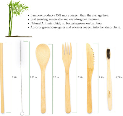 Eco Bamboo Travel Cutlery Set, Spoon, Fork, Knive, Totthbrush, Straw, and Straw Cleaner (Green)