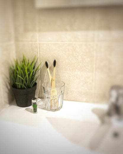 Vegan Biodegradable Bamboo Charcoal Dental Floss with Refillable Glass Container | Free Refill | Natural Candelilla Wax | 30M X2 | Peppermint Essential Oil | Eco Friendly Zero Waste Oral Care