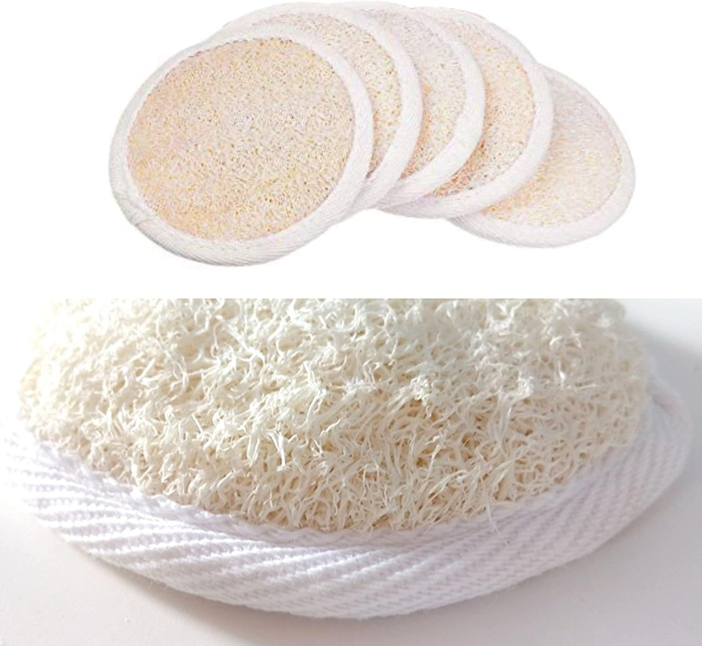Loofah Pads (Pack of 5) - Exfoliating Scrubbing Sponges - Natural Luffa Material - Essential Skin Care Product - for Shower/Bath - Fibrous Texture - Perfect for Face/Body Wash - Wet It and Apply Soap