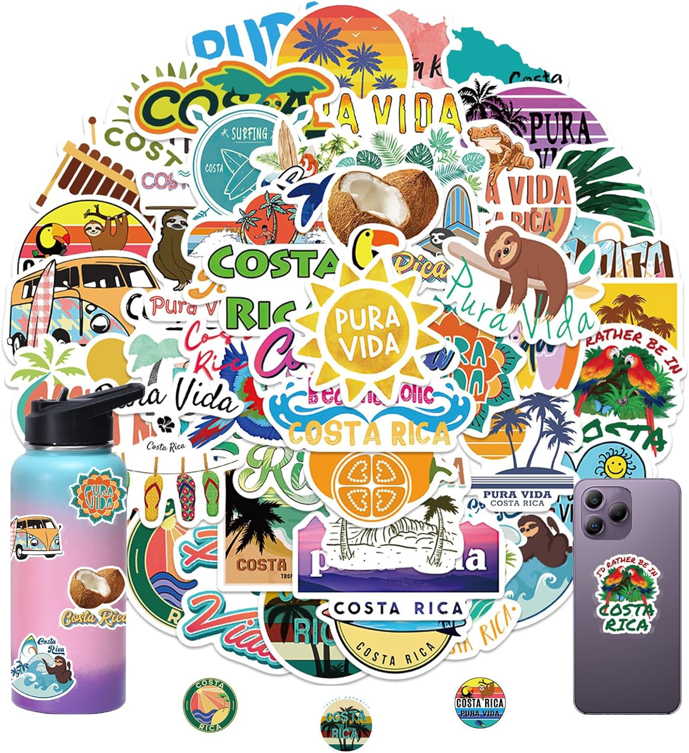 Costa Rica Stickers for Kids Girls Adults, 50 Pcs Aesthetic Pura Vida Graffiti Vinyl Decals for Decor Laptops Water Bottles Scrapbook Helmet, Costa Rica Summer Tropical City Sticker