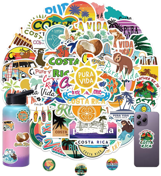 Costa Rica Stickers for Kids Girls Adults, 50 Pcs Aesthetic Pura Vida Graffiti Vinyl Decals for Decor Laptops Water Bottles Scrapbook Helmet, Costa Rica Summer Tropical City Sticker
