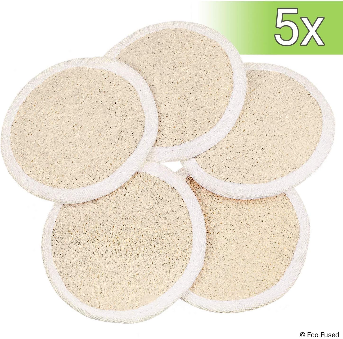 Loofah Pads (Pack of 5) - Exfoliating Scrubbing Sponges - Natural Luffa Material - Essential Skin Care Product - for Shower/Bath - Fibrous Texture - Perfect for Face/Body Wash - Wet It and Apply Soap