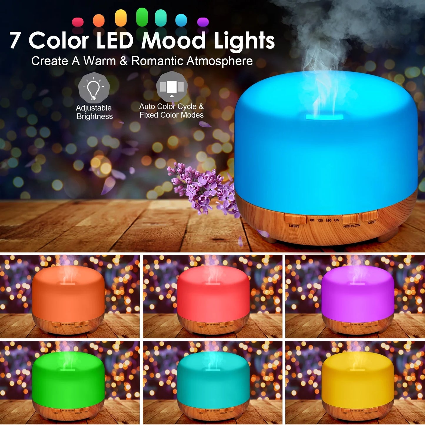 500Ml Premium, Essential Oil Diffuser, 5 in 1 Ultrasonic Aromatherapy Fragrant Oil Humidifier Vaporizer, Timer and Auto-Off Safety Switch, 7 LED Light Colors