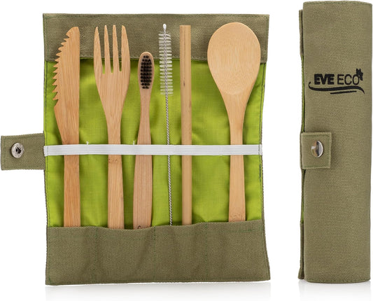 Eco Bamboo Travel Cutlery Set, Spoon, Fork, Knive, Totthbrush, Straw, and Straw Cleaner (Green)